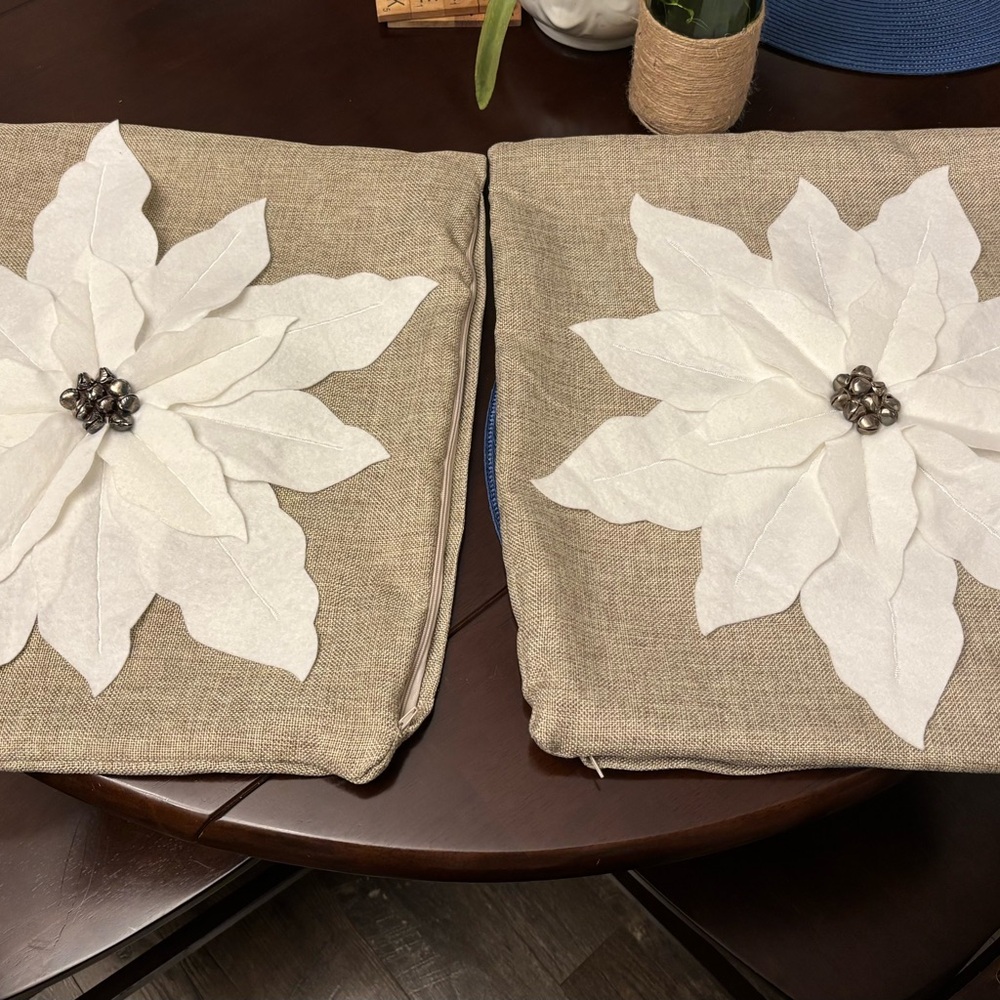 Decorative Poinsettia Pillow Covers With Bells 17” x 17” Set of 2